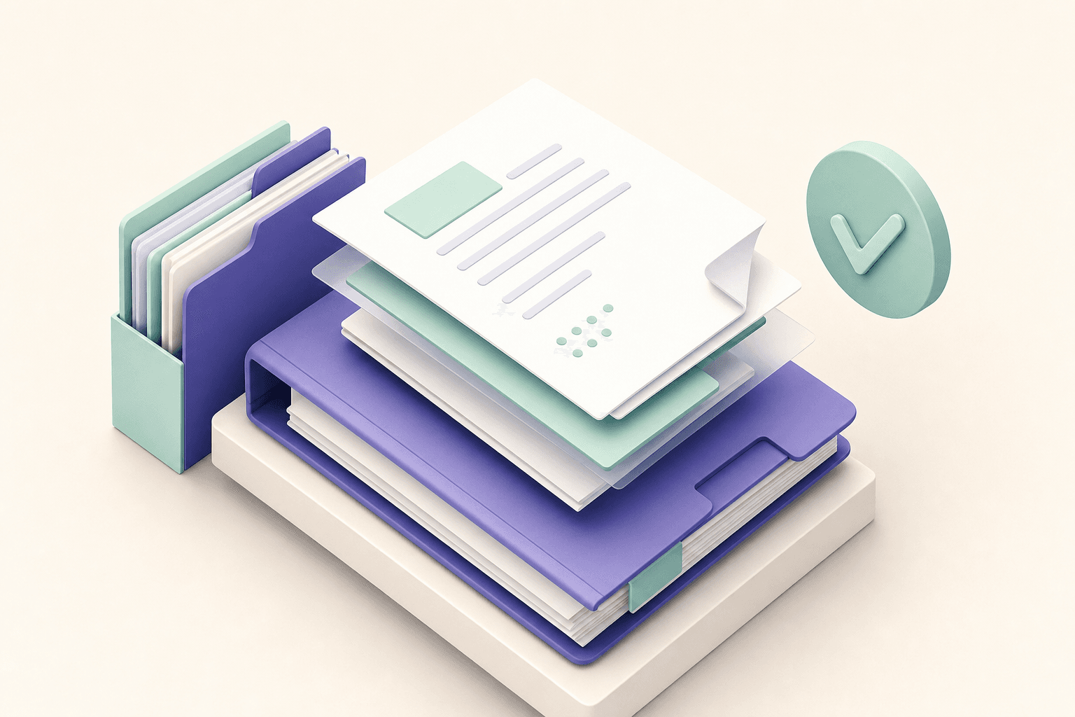 Organized stack of filing folders with a mint checkmark — visualizing automated annual filings