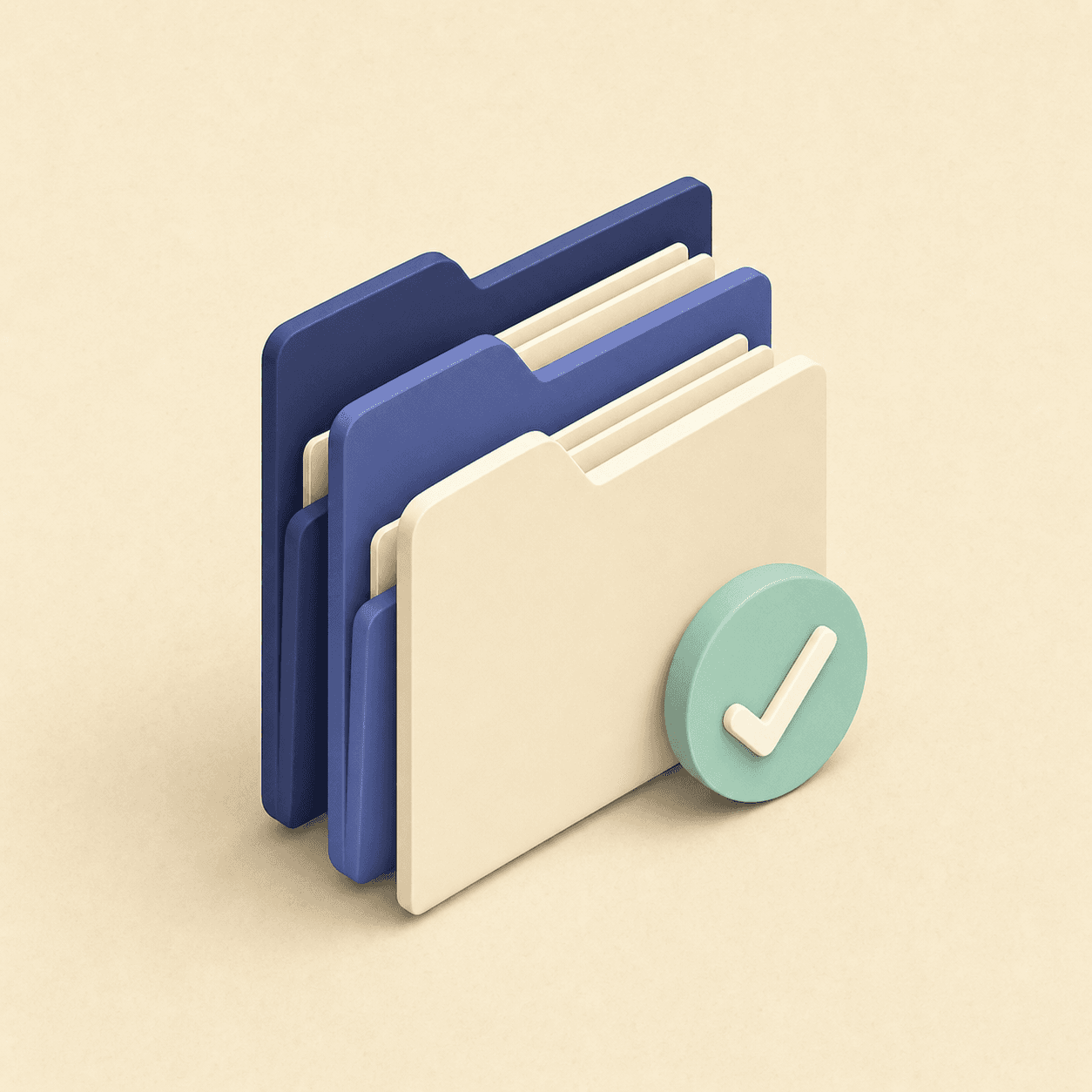 Stacked folders with a mint checkmark badge